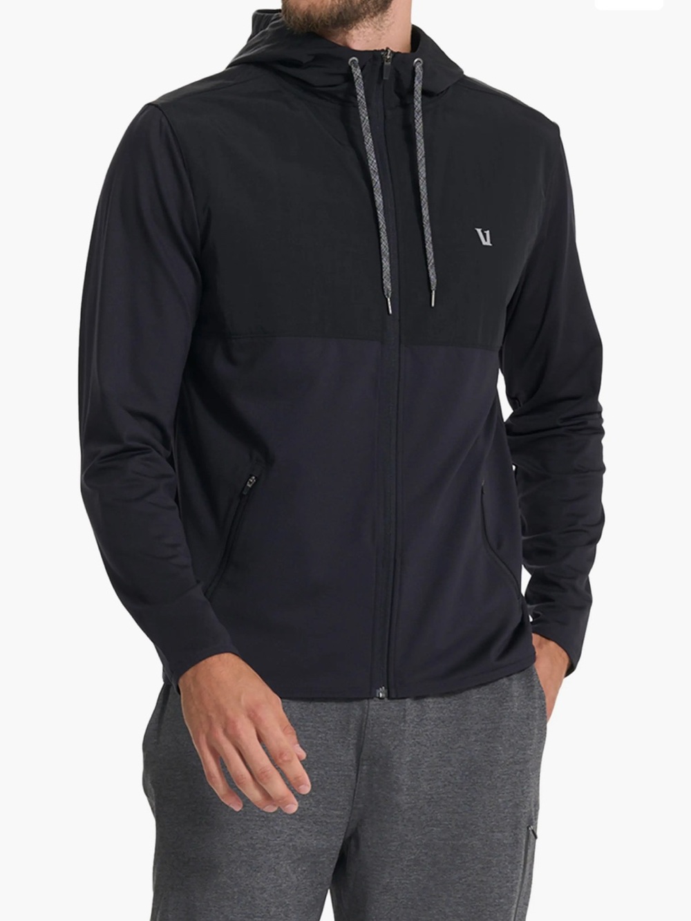 Vuori Sunday Element Two-Tone Black Hooded Zip Performance Jacket- Small
